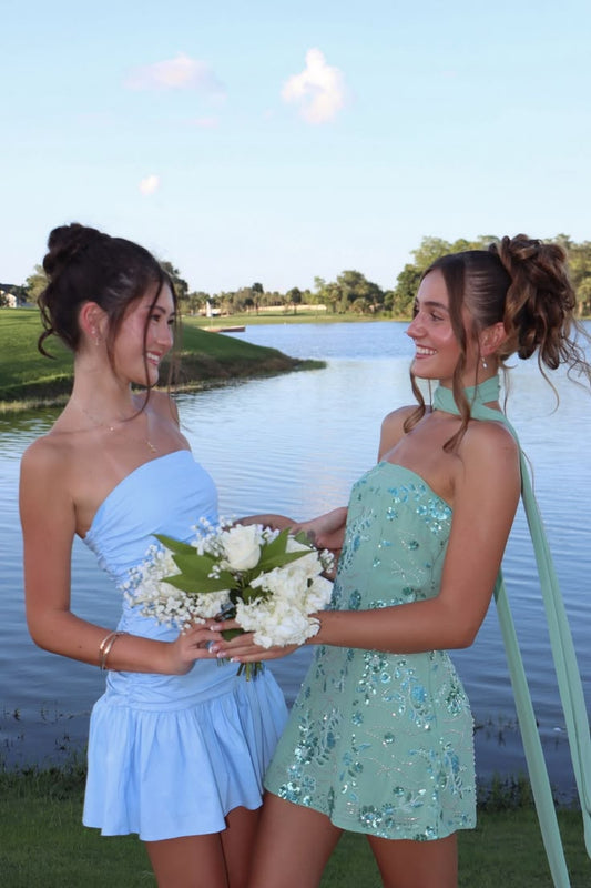 Princess A line Strapless Mint Green With Scarf 16th Birthday Gown Homecoming Dresses Inspo Hoco Outfits RB6034