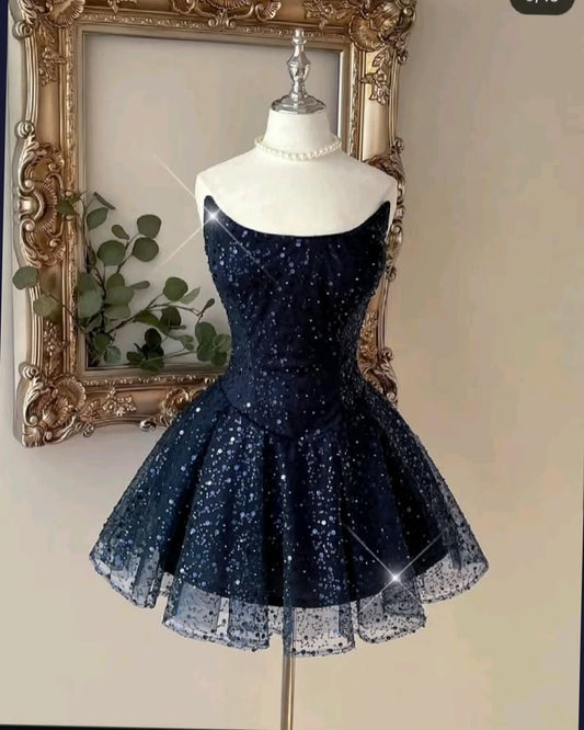 Navy Blue Sparkly Mini Dress | Celestial Starry Night Aesthetic | Dark Coquette Prom StyleHomecoming Dress for Night Out Birthday Dresses Inspo RB6038