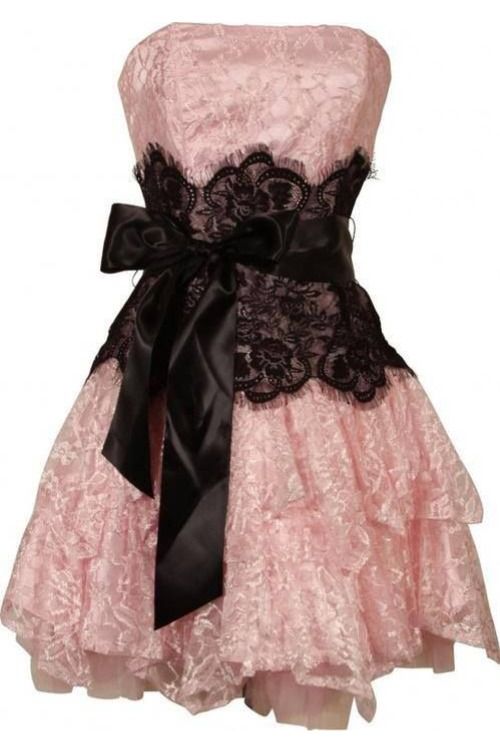 A Line Strapless Lace Short Homecoming Gown With Bow, Pink Cute Hoco Dress RB6041