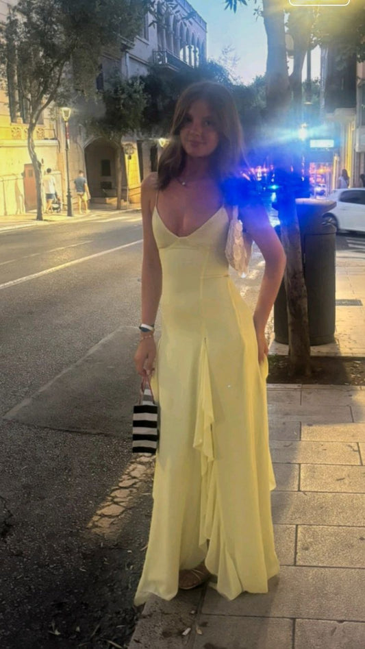 Elegantes Meerjungfrauen-Abendkleid für Damen, langes, gelbes Chiffon-Abendkleid mit Spaghettiträgern, Modell N1518
