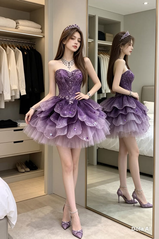 Cute Ball Gown Sweetheart Tulle Purple With Beading Cocktail Dress Short Mini Homecoming Dresses RB6319