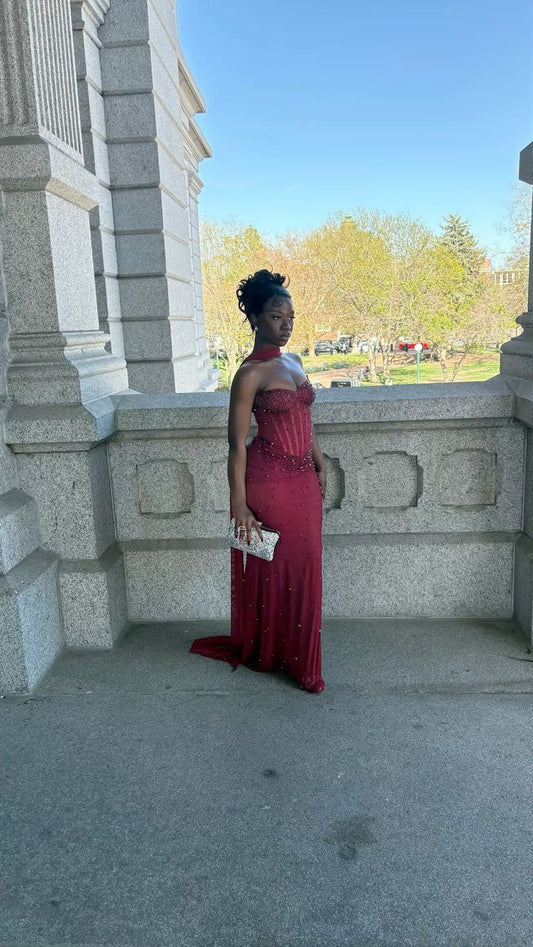 Sexy Meerjungfrau Trägerlos Burgund Mit Schal Ballkleider Für Teenager Formelles Kleid Party-Outfits RB3026