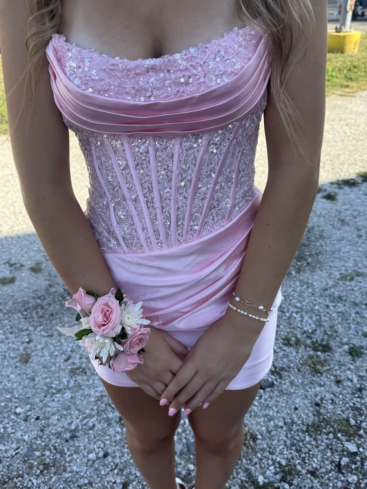 Robe de bal courte moulante bustier rose ornée de perles pour filles Barbie, robes de retour à la maison, tenue Hoco RB3623