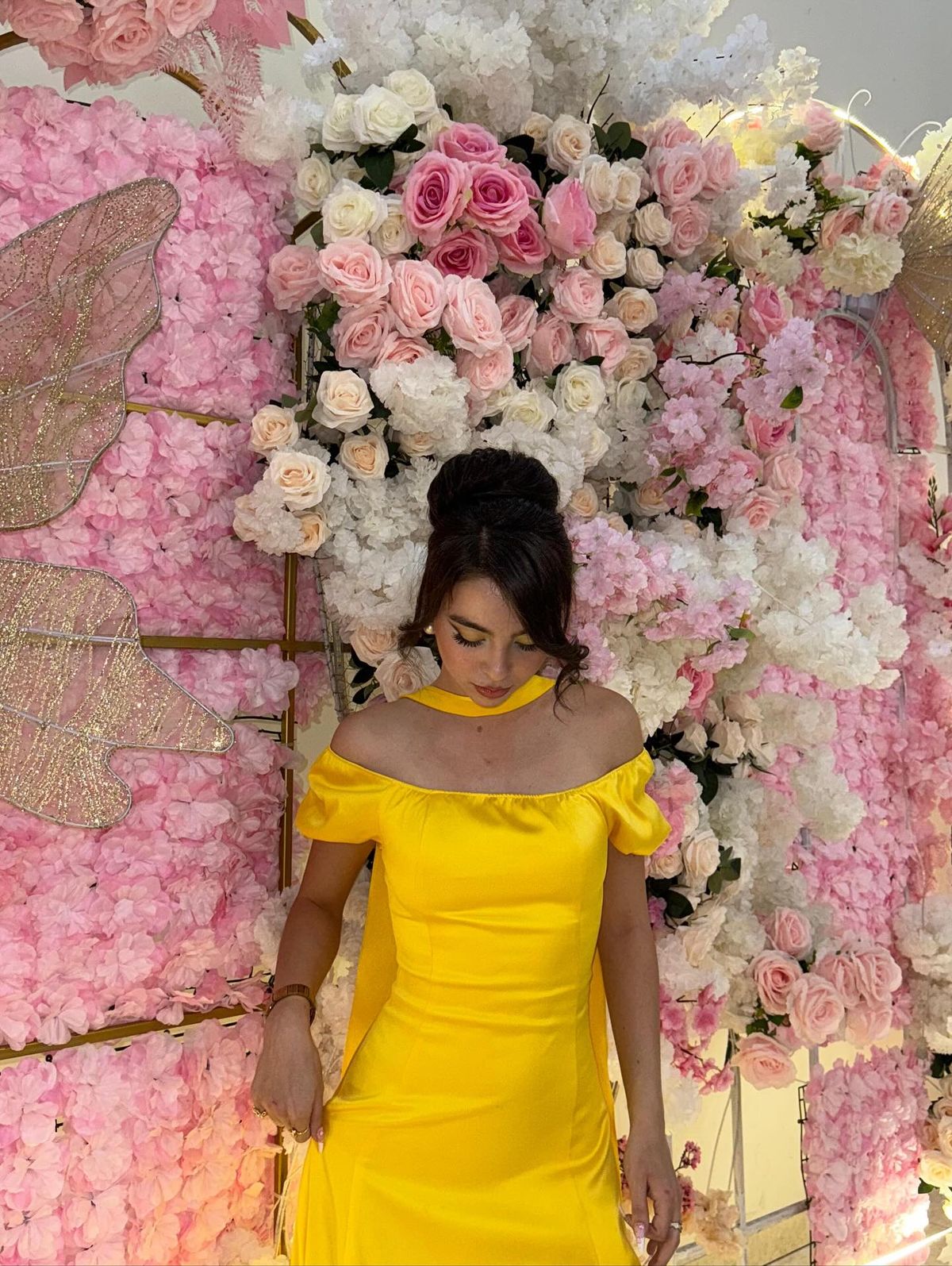 Gorgeous Yellow Sheath Off The Shoulder Yellow Satin High Slit Prom Dresses With Scarf AB190