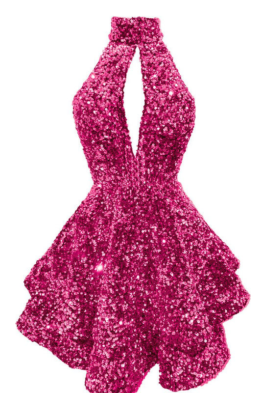 Shinning Ball Gown Halter Pink Sequin 17th Birthday Homecoming Dress Graduation Outfits RB6827