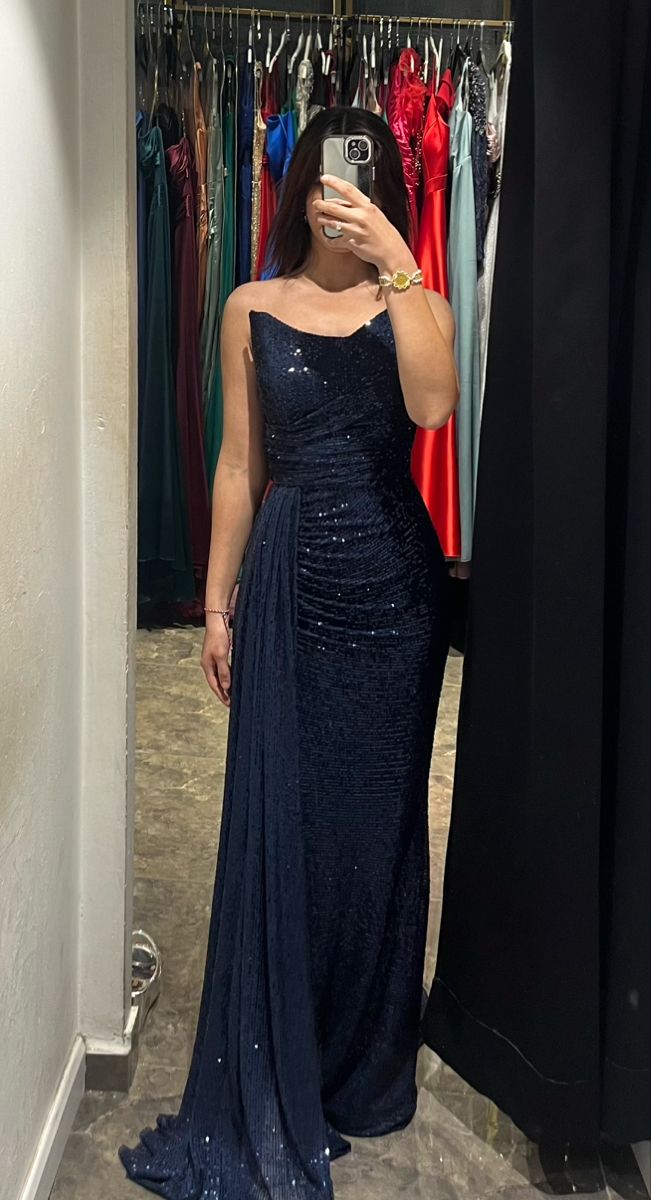 Elegantes, trägerloses, marineblaues Pailletten-Abendkleid im Meerjungfrauenstil für Teenager, formelles Kleid, Party-Outfit, Ballkleid AB1079