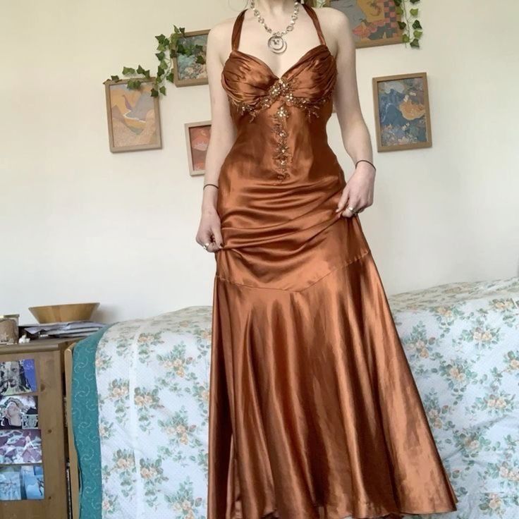 Vintage A Line Halter Brown Satin Beaded Long Prom Dresses Formal Party Dress Evening Gown AB1238