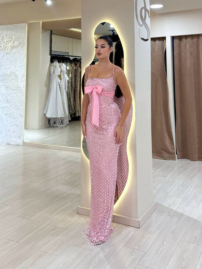 Robe de Soirée Modest Mermaid à Bretelles Fines Rose Pailletée avec Nœud, Tenue de Soirée, Bal, Rendez-vous, Fête AB2536