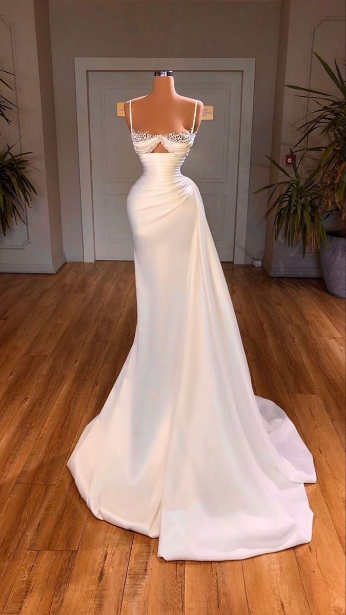 Robe de bal blanche en satin, coupe sirène, bretelles spaghetti, sexy, robe de soirée pour femme AB1642