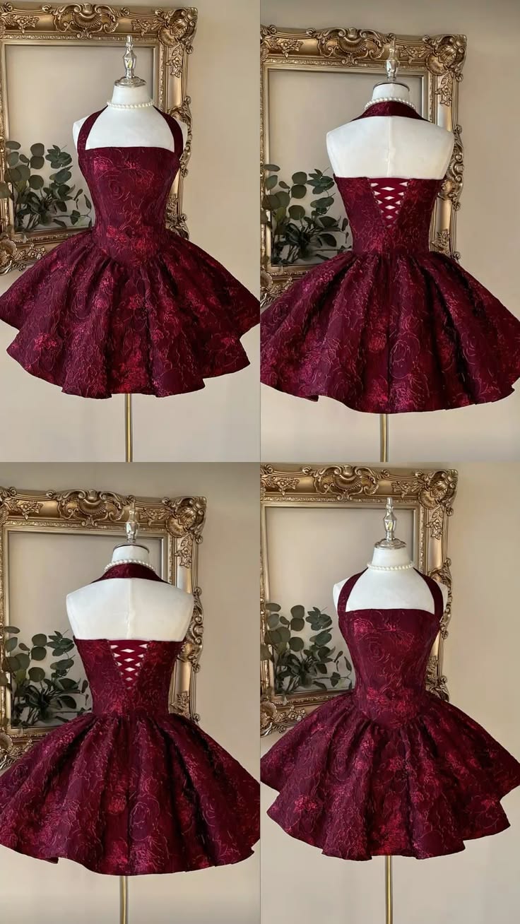 Sexy Ball Gown Halter Burgundy Lace Corset Fitted Back Homecoming Dresses Party Cocktail Hoco Outfits RB8744