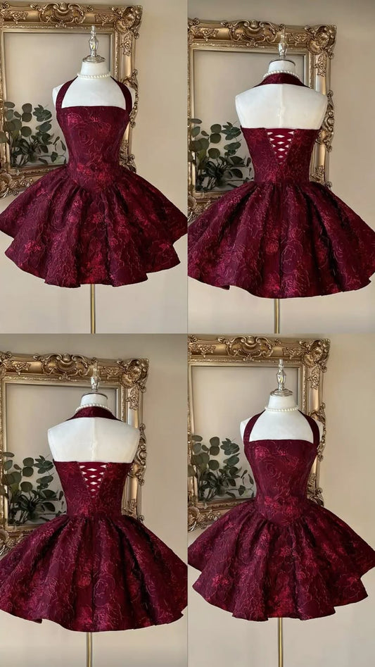 Sexy Ball Gown Halter Burgundy Lace Corset Fitted Back Homecoming Dresses Party Cocktail Hoco Outfits RB8744