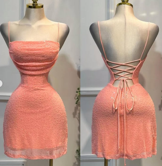 Simple A line Spaghetti Strap Backless 17th Birthday Homecoming Dress Graduation Outfits RB6828