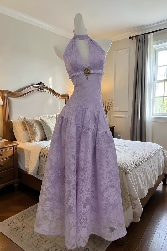 Prom Dress Vintage A line Halter Lilac Satin Floor Length Formal Gown for Women Graduation Party RB9267