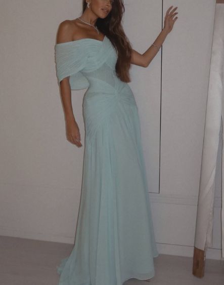 Sexy Meerjungfrauen-Abendkleid aus hellblauem Chiffon mit schulterfreiem Ausschnitt, langes Partykleid AB2139