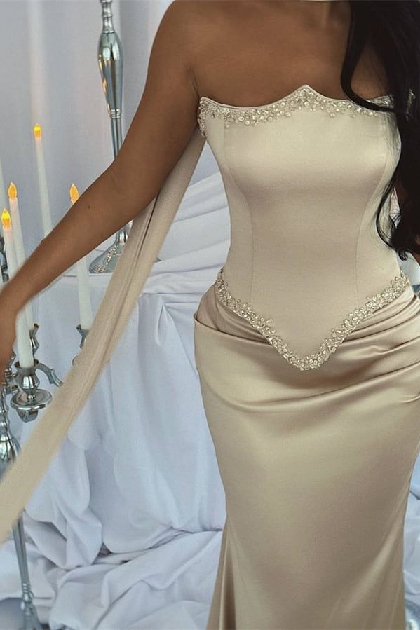 Robe de bal sirène bustier de luxe en satin, longueur au sol, sans manches, ornée de perles et de ruban AB967