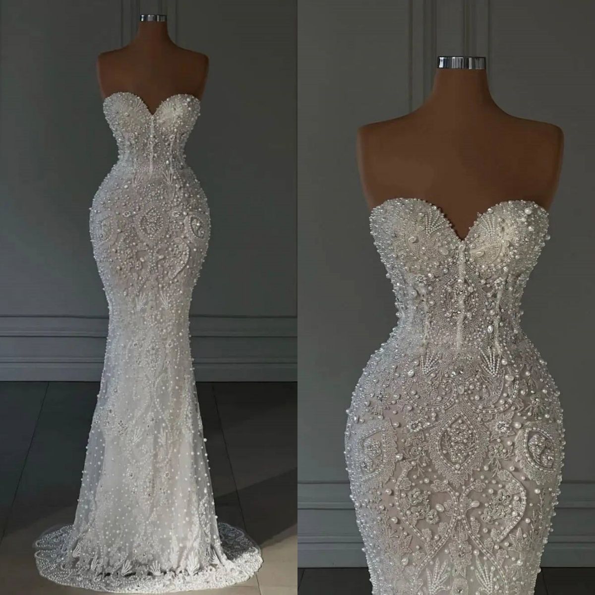 Luxuriöses Meerjungfrauen-Brautkleid für Damen mit Herzausschnitt, ärmellos, mit Perlen und Pailletten besetzt, bodenlang, Modell AB970