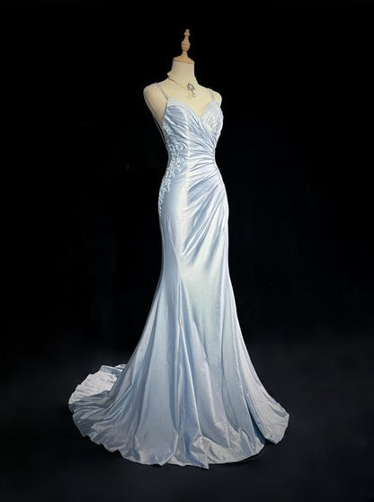 Robe de bal bleue élégante à fines bretelles spaghetti, décolleté cœur plissé, dos nu sexy, coupe sirène, robe de soirée de gala AB987