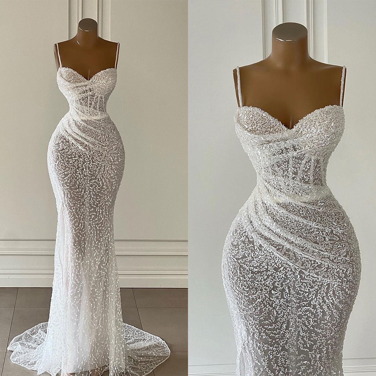 Klassisches Meerjungfrauen-Brautkleid für Damen mit Herzausschnitt, Spaghettiträgern und Schleppe AB982