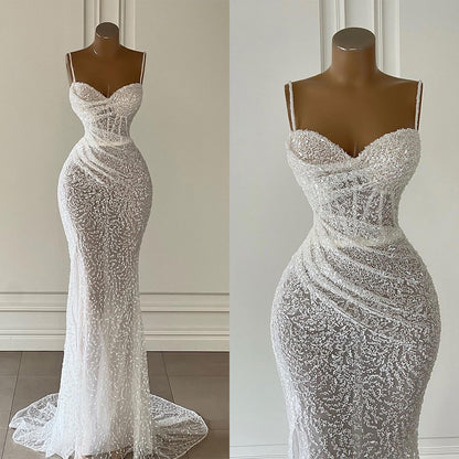 Klassisches Meerjungfrauen-Brautkleid für Damen mit Herzausschnitt, Spaghettiträgern und Schleppe AB982