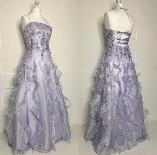 Vintage-Ballkleid 2000er Spaghettiträger Flieder mit Rüschen Abendkleid Lange Abschlussballkleider N2671
