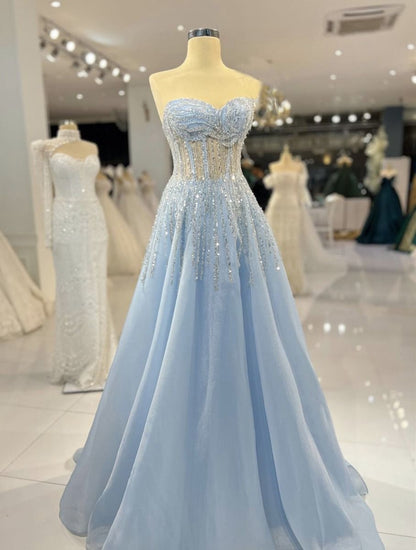 Robe de bal longue en tulle bleu ciel clair à sequins, coupe trapèze, décolleté cœur, idéale pour adolescentes. Robe de soirée élégante AB1081