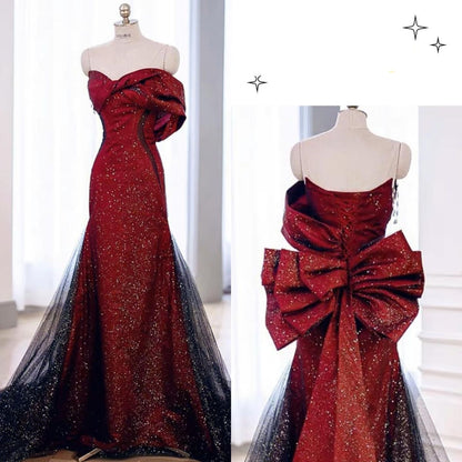 Robe de soirée sirène sexy à décolleté cœur, rouge et noire, en tulle plissé, AB2105