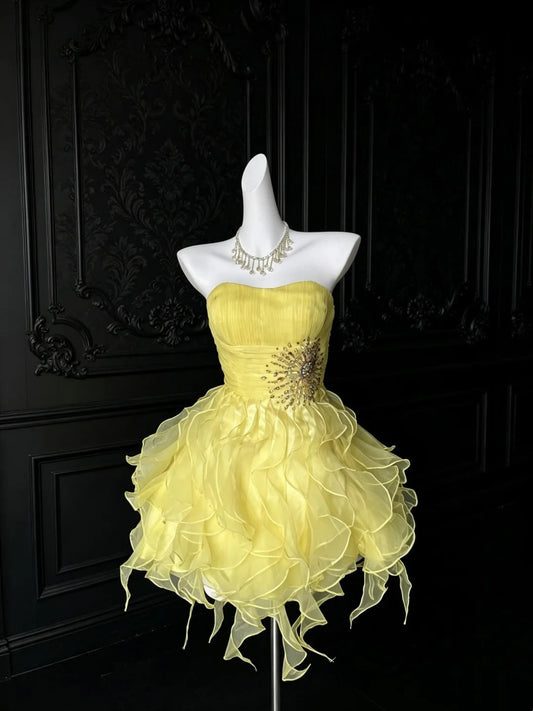 Sexy Ball Gown Sweetheart Yellow Beaded Short Party Outfit Birthday Dresses Cocktail Outfits RB6280