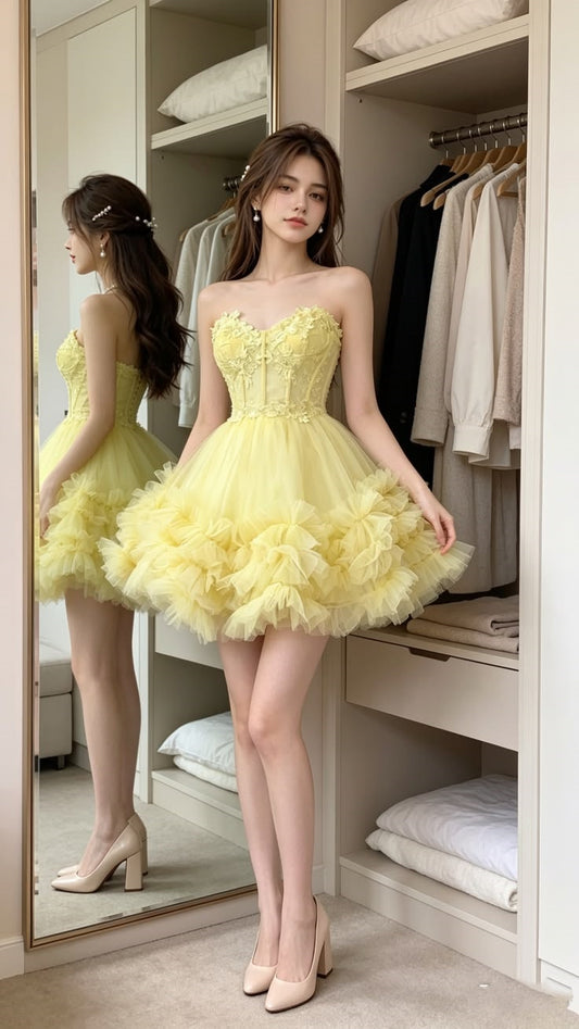 Sweet Ball Gown Sweetheart Neck Mini Birthday Party Dress Yellow Homecoming Dresses RB6282