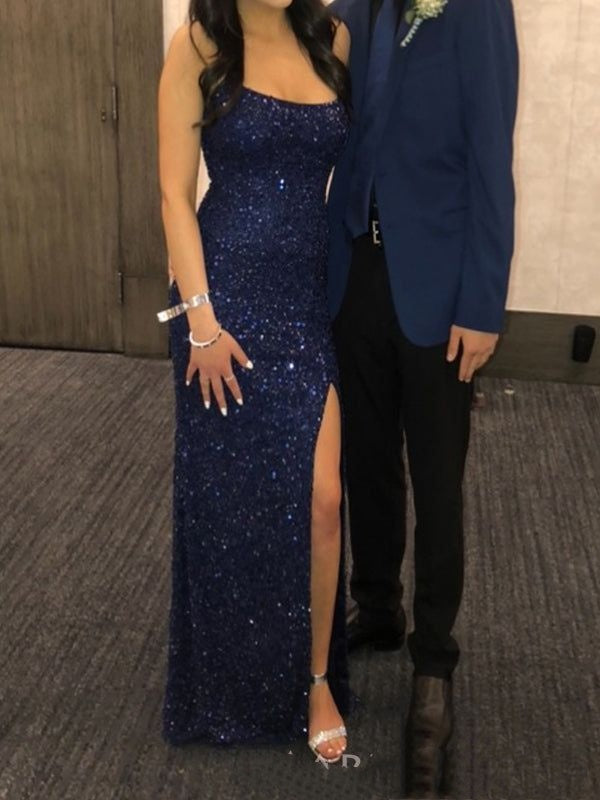 Elegantes, langes Meerjungfrauen-Abendkleid in Marineblau mit Pailletten und Spaghettiträgern AB697
