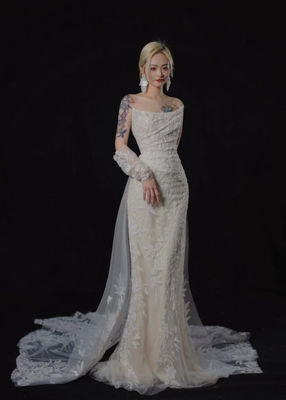 Robe de mariée longue et romantique blanche sirène sans bretelles en dentelle, avec traîne, AB2474