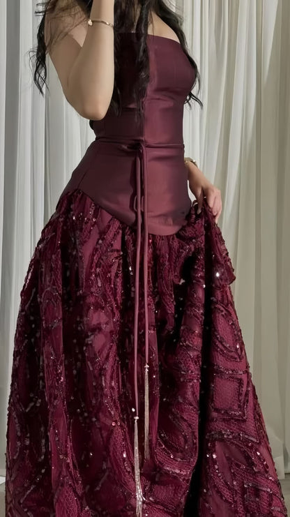 Elegantes, trägerloses, nachtblaues, langes Ballkleid aus Satin, nachtblaues Abendkleid N1863