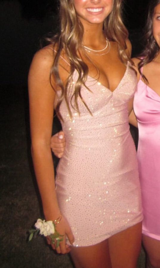 Glitter Sheath Spaghetti Strap Sequined Pink Homecoming Dresses Party Outfit Birthday Dress Cocktail Outfits RB6263