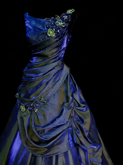 Elegantes Ballkleid Rundhals Marineblau Satin mit gestuften Lagen Rüschen Langes Partykleid Abendkleid N2231