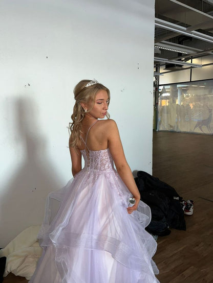 Einzigartiges Ballkleid, Abschlussballkleid, lila Spitze, formell, lang, gestuft, Abendkleid, Vestidos De Dia AB551