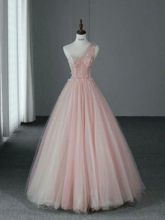 Klassisches Ballkleid mit One-Shoulder-Schulter, aus rosafarbenem Tüll mit Applikationen, langes Abendkleid für Abschlussball und Abiball, Modell N028