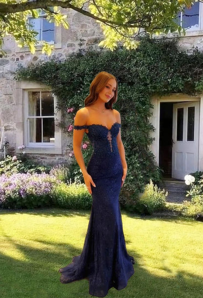 Ästhetisches marineblaues Meerjungfrauen-Abendkleid mit Spitzenapplikationen, lang, schulterfrei, Illusion-Schnitt, AB678