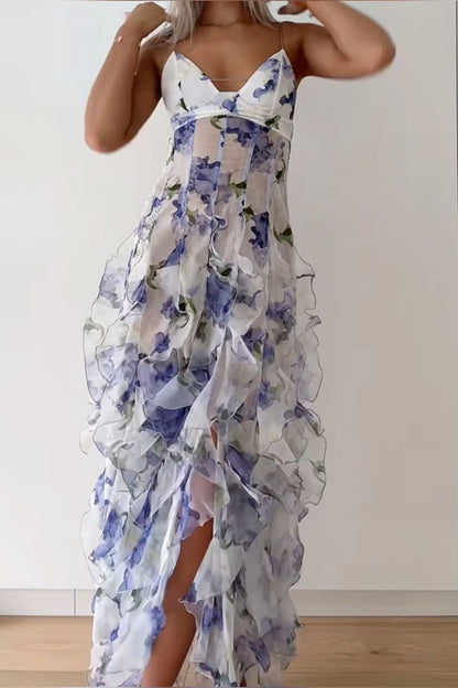 Meerjungfrauen-Abendkleid mit Rüschen und Blumenmuster, bodenlang, AB923