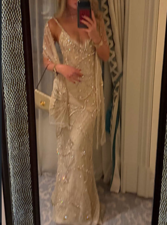 Funkelndes Meerjungfrauen-Abendkleid mit Spaghettiträgern für Damen, perlenbesetztes Oberteil, Partykleid, Geburtstagsoutfit N1572