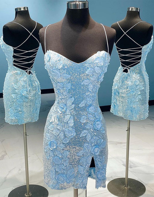 Sheath Sequin Open Back Homecoming Dress With 3D Flowers Glam Party Outfit Birthday Dress Cocktail Dress RB6241