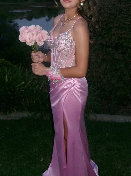 Sexy Mermaid Spaghetti Straps Pink Satin Slit Long Prom Dress Inspiration Party For Women Teens Girls Formal Gown RB8702