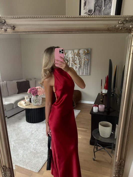 Sexy Meerjungfrau Hochhals-Burgunderrotes Satinkleid Langes Ballkleid N2691