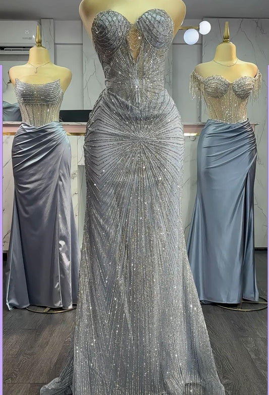 Gorgeous Mermaid Sweetheart Silver Gray Sequin Prom Dresses Long Evening Gowns Sleeveless Graduation Dress N1634