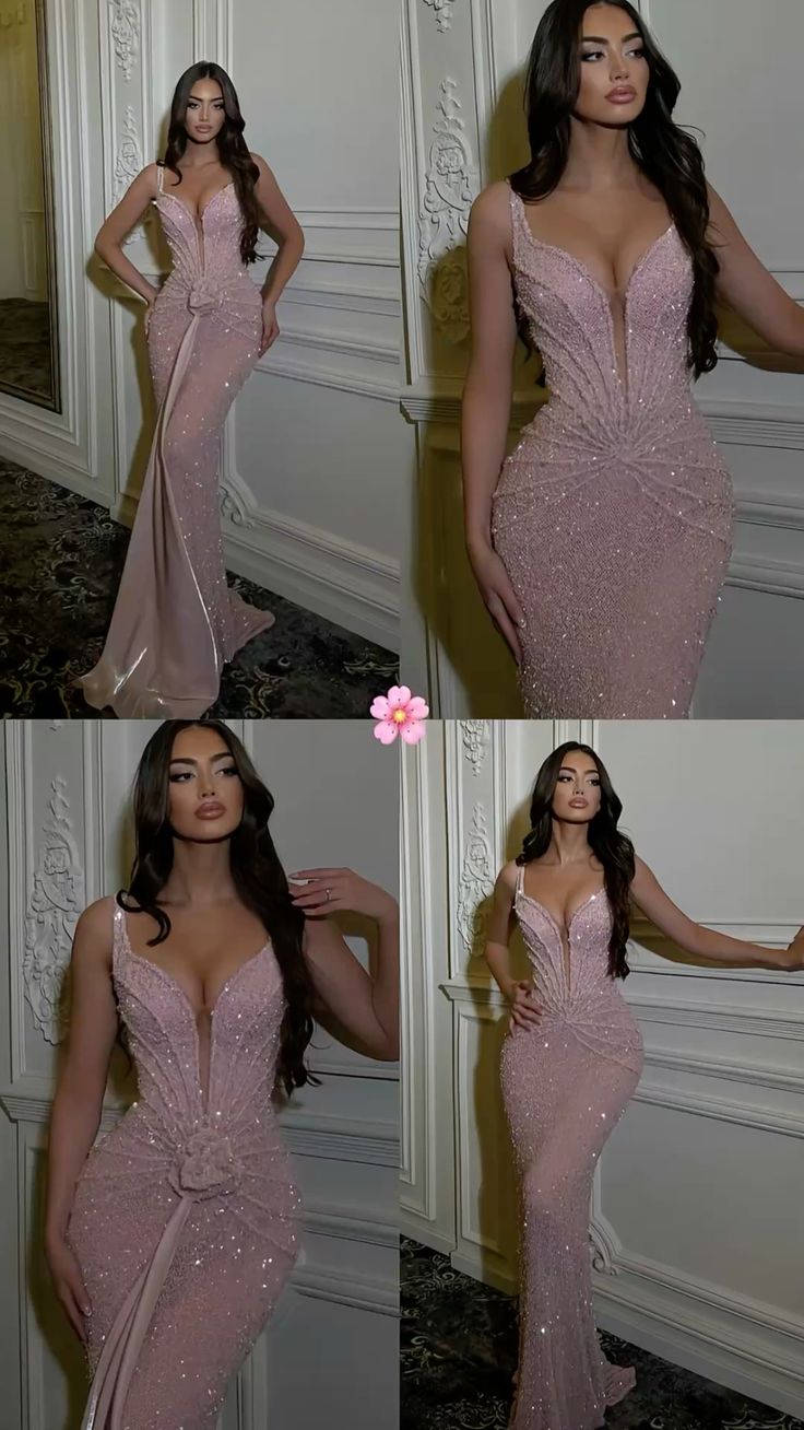 Glänzende Abschlussballkleider Meerjungfrau Spaghetti-Träger Rosa Abendkleid Lang Formal N4763