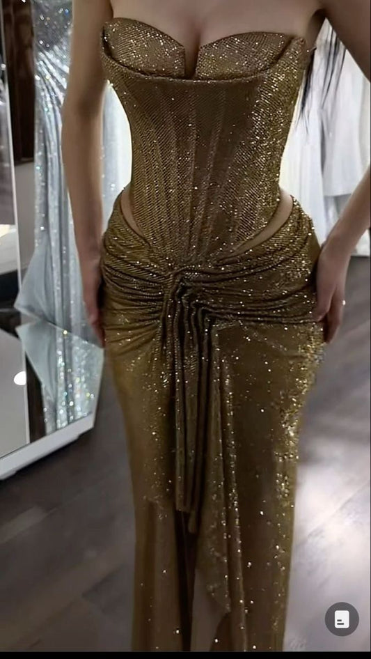 Elegant Formal Prom Dress Long Gold Mermaid Sweetheart Evening Gown for Special Occasions RC0207