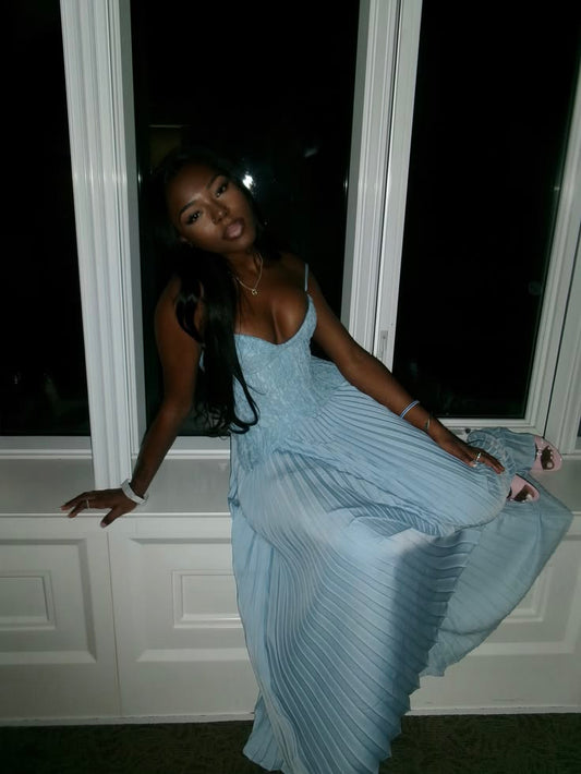 Chic A Line Spaghetti Strap Light Blue Chiffon Sleeveless Long Prom Dress Formal Dress Party Dresses RB7315