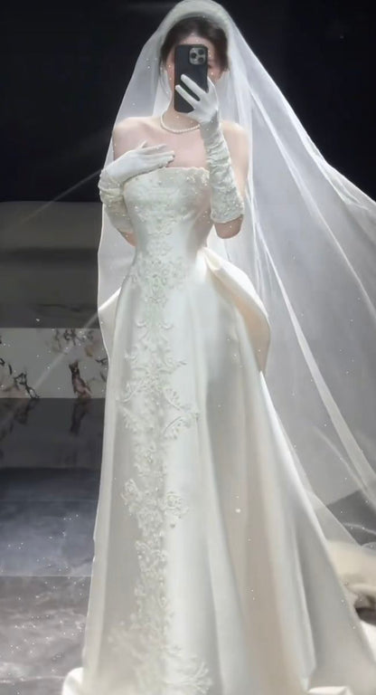 Wedding Gowns Dresses Elegant Modest for Bride Sheath Strapless With Lace Petite/Plus Size Bridal Gowns For Women's Wedding AB1498