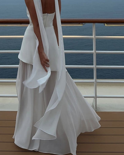 Weißes trägerloses Satin-Chiffon-Kleid mit Schlitz für Sommer, Fest, Abschlussball, 18. Geburtstag, Outfit AB2396