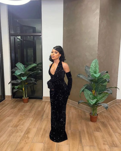Robe de bal longue sirène noire, robe de soirée élégante à sequins pour jeunes filles noires N791