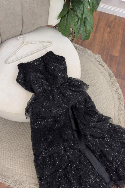 Funkelndes, trägerloses schwarzes Ballkleid mit Schlitz, Pailletten, langes formelles Partykleid N794
