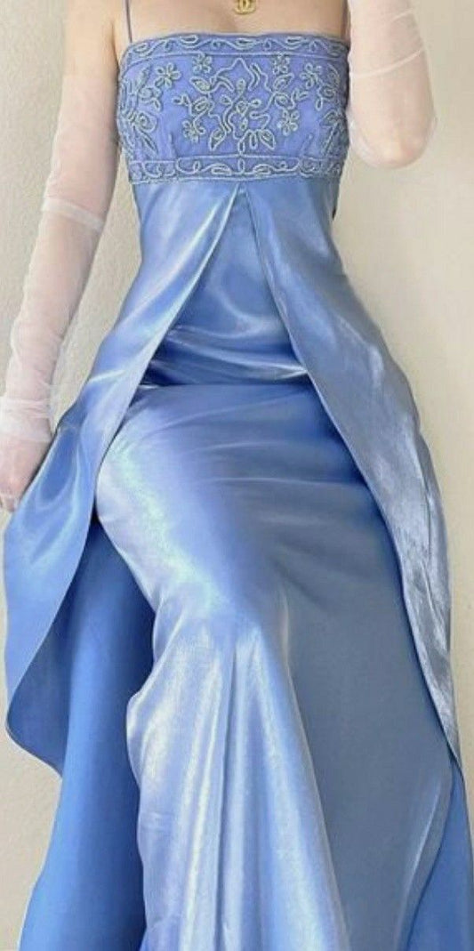 Elegantes Etui-Spaghetti-Träger-Kleid aus blauem Chiffon mit Perlenmieder, formelles Kleid, lange Ballkleider N2745